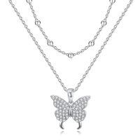 wholesale 925 Sterling Silver Butterfly Pendant Double Layered Chain Necklace for Women 18+2 inches-Sterling Silver