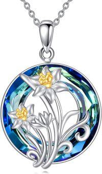 wholesale 925 Sterling Silver Metal Crystal Flower Pendant Necklace Blue Green Sapphire  for Women Girls-Daffodil