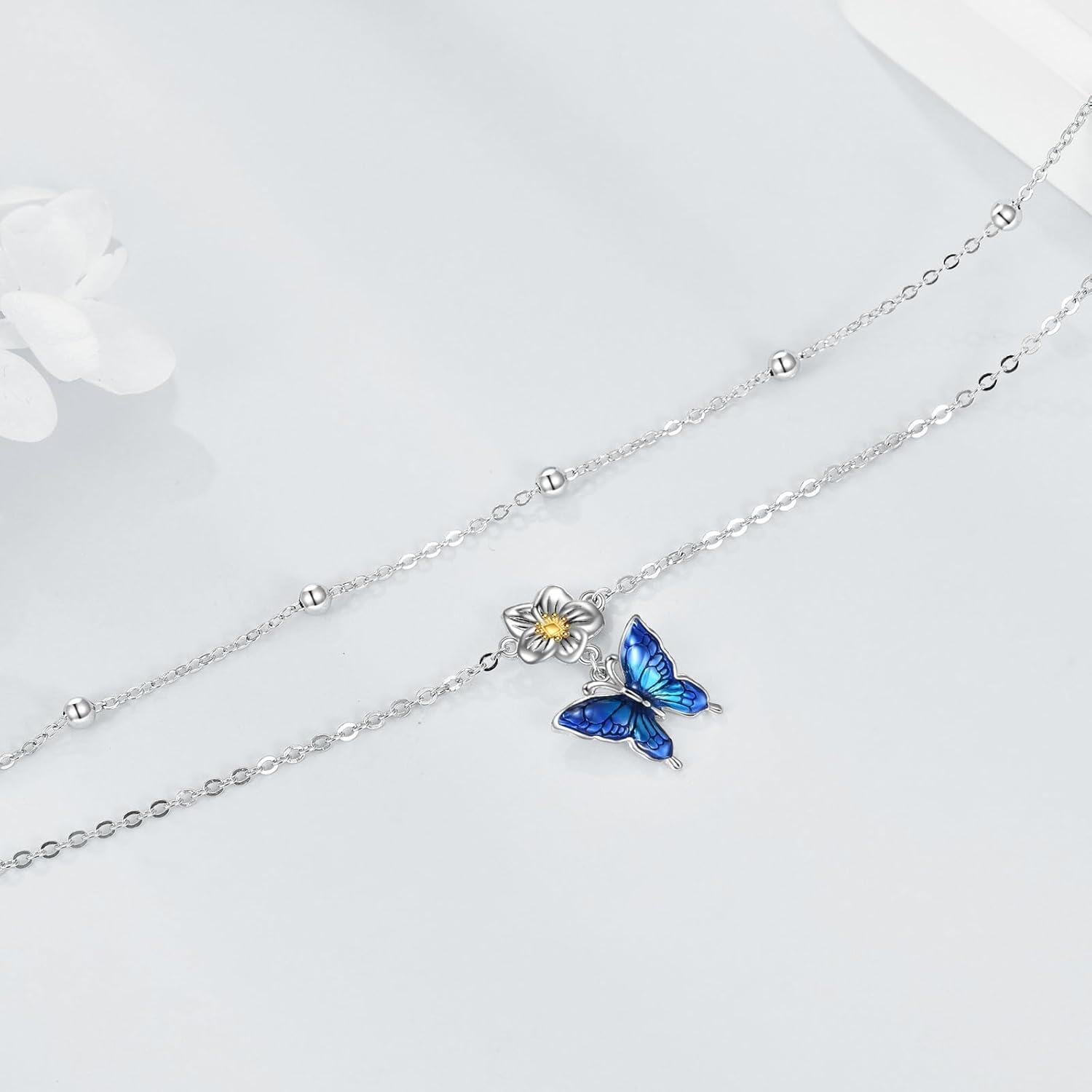 925 Sterling Silver Blue Enamel Flower & Butterfly Charm Layered Ankle Anklet for Women and Girls-0-3