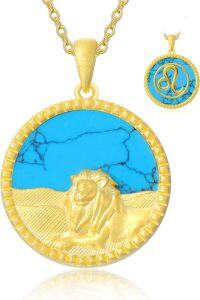wholesale 18K Gold Plated Sterling Silver Synthetic Blue Turquoise Zodiac Necklace for Women-7-Leo(0723-0822)