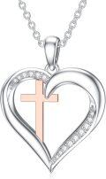 wholesale 925 Sterling Silver Heart with Rose Gold Cross and Diamonds Pendant Necklace for Women-0-0