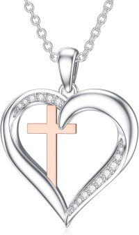 wholesale 925 Sterling Silver Heart with Rose Gold Cross and Diamonds Pendant Necklace for Women-Style 1-heart
