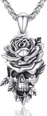 wholesale 925 Sterling Silver Gothic Rose & Skull Pendant Necklace for Women and Men-Rose Skull Necklace