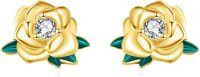 wholesale Gold 925 Sterling Silver Rose Stud Earrings with Cubic Zirconia and Green Leaves for Women's Gifts - Perfect for Birthdays & Holidays-Gold