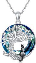 wholesale 925 Sterling Silver Tree of Life with Cat and Blue Crystal Pendant Necklace - Unique Gifts for Women & Cat Lovers-0-0