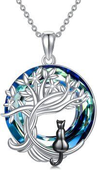 wholesale 925 Sterling Silver Tree of Life with Cat and Blue Crystal Pendant Necklace - Unique Gifts for Women & Cat Lovers-B+Tree of Life Cat