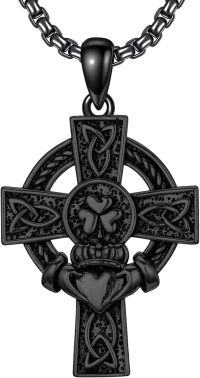 wholesale Black 925 Sterling Silver Celtic Knot Claddagh Shamrock Cross Pendant Necklace s for Men & Women - Protection Amulet Religious s w/ 24 Rolo Chain (Gift Box Included)-A-Claddagh Cross-Black