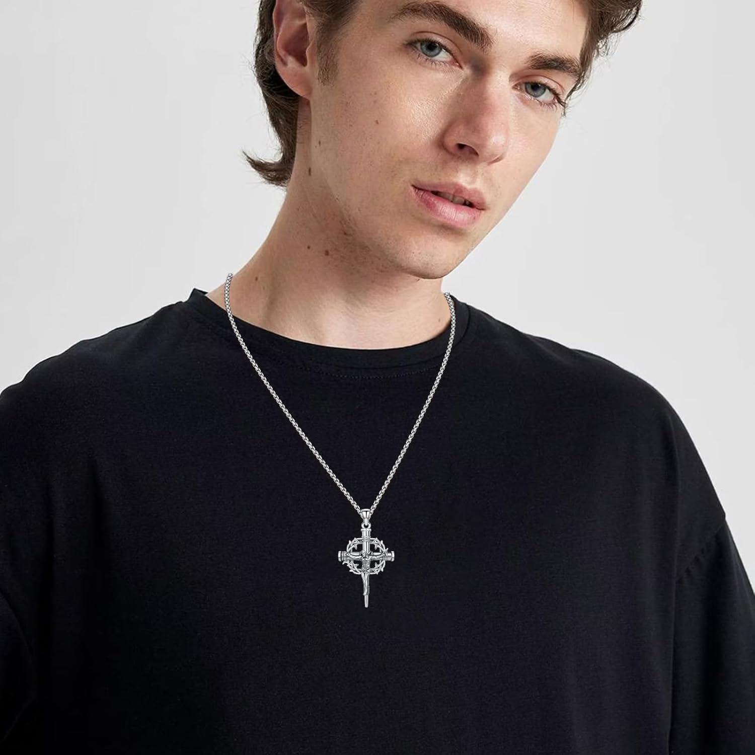 wholesale 925 Sterling Silver Crucifix Pendant Necklace with Stainless Steel Chain with Crown of Thorns - Religious Jewelry for Men & Women-0-2