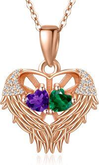 wholesale Sterling Silver 2 Birthstones Angel Wings Necklace for Women-02-05-Feb-May