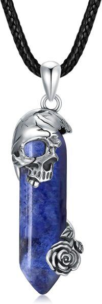wholesale 925 Sterling Silver Blue Sodalite Crystal Skull with Rose Pendant Necklace-D-Lapis Lazuli