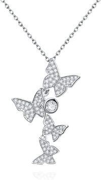 wholesale 925 Sterling Silver CZ Butterfly Pendant Necklace w/ Austrian Crystal Accents & Extender Chain (18+2)-A - Silvery