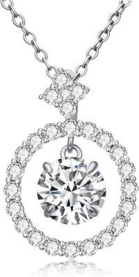wholesale White Gold Plated Silver & Moissanite Geometric Round Solitaire Necklace, 1.0 ct Center Stone, Gift Box, 20 Adjustable Chain-A-Round