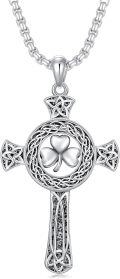 wholesale 925 Sterling Silver Shamrock Celtic Knot Cross Pendant Necklace  for Men & Women Protection Amulet Religious Gift with 24+2 Rolo Chain (Gift Included)-0-0