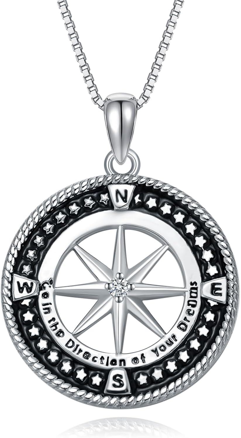 wholesale 925 Sterling Silver Compass Necklace with Stars and Directional Elements - Graduation Gift for Her-0-0