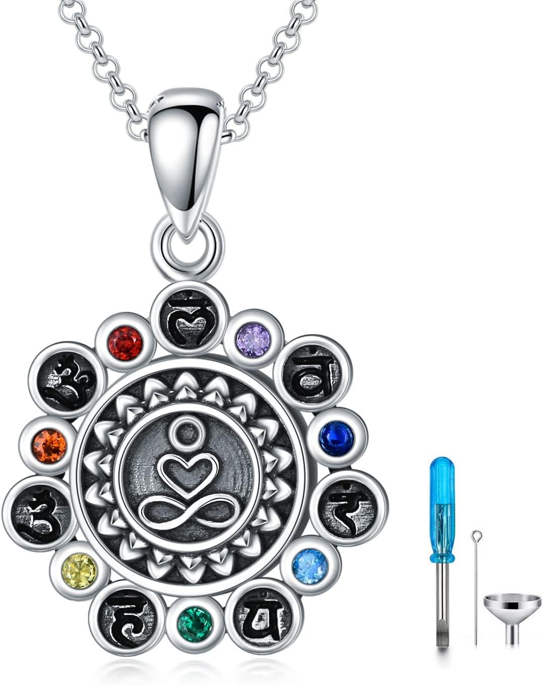 925 Sterling Silver Multi-Color Crystal Chakra Urn Pendant Necklace for Ashes Keepsake Jewelry-0-0