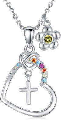 wholesale Gold Cubic Zirconia Cross Necklace Birthstone Jewelry for Women Baptism Communion Confirmation Gifts-08-peridot-Aug