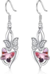 wholesale  Sterling Silver Crystal Butterfly Dragonfly Bee Dangle Drop Earrings -A-Butterfly Pink