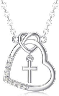 wholesale 14K Gold CZ Heart with Cross Pendant Necklace - Gifts for Women/Mom/Wife-White Gold