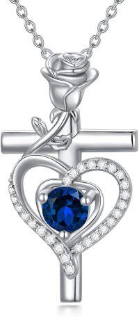 wholesale 925 Sterling Silver Birthstone Cross Necklace for Women Mother s Day Anniversary Birthday Gift for Wife Mom-09-Sept-Dark Blue