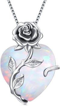 wholesale Sterling Silver Crystal Rose Flower Heart Pendant Necklace-Opal