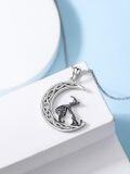 wholesale 925 Sterling Silver Halloween Witch Cat Crescent Moon Pendant Necklace-0-4