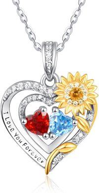 wholesale Sterling Silver 2 Birthstones Sunflower Heart Necklace for Women-01-12-Jan-Dec