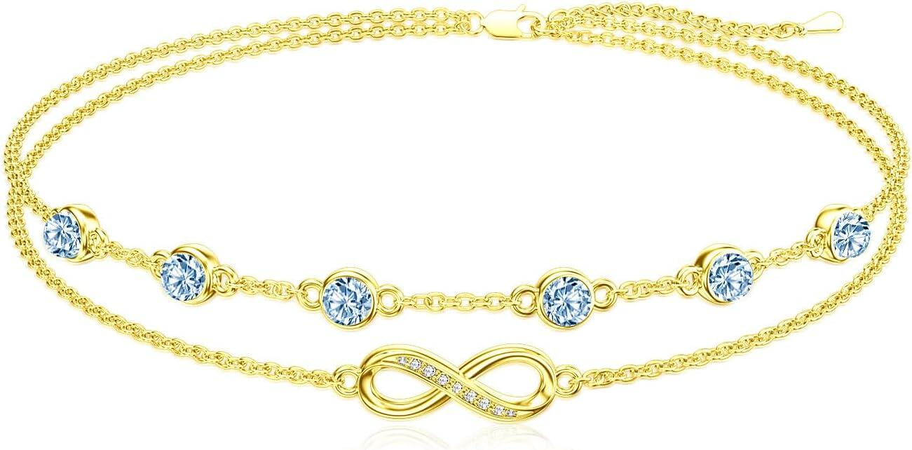 Sterling Silver Birthstone Women s Anklet Bracelets Infinity Butterfly Evil Eye Turtle Pineapple Starfish Heart-Bracelet 7"-9"-Infinity 12-Blue Topaz-Yellow Gold