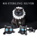 wholesale Black 925 Sterling Silver 3D Cat Stud Earrings with Blue Eyes - Adorable Halloween & Christmas Gifts for Teens and Women-0-5