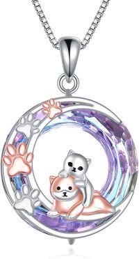 wholesale 925 Sterling Silver Purple Crystal Cats Pendant Necklace with Paw Prints and Swarovski Elements-Cat and Dog Necklace