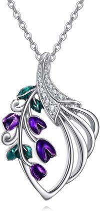 wholesale 925 Sterling Silver Purple Tulip Flower Pendant Necklace with Green Leaves and Cubic Zirconia Gifts for Women-Silver
