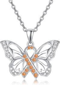 wholesale 925 Sterling Silver Butterfly Pendant Necklace with Orange Stones - PTSD Awareness Inspiring  for Women-Orange-Kidney Cancer