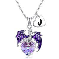 wholesale 925 Sterling Silver Purple Dragon Heart Crystal Necklace Wholesale With Initial J Charm-J