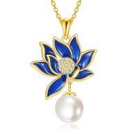 wholesale 925 Sterling Silver Lotus Necklace with Mystical Goddess Symbol - 20mm Pendant, 18-22 Chain, Hypoallergenic Jewelry Gift for Women-Blue Lotus Pearl Necklace