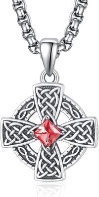 wholesale 925 Sterling Silver Birthstone Celtic Cross Necklace for Men Irish Jewelry 2 5mm 22 +2 Rolo Chain -01-Jan Birthstone