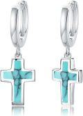 wholesale 925 Sterling Silver Turquoise Cross Huggie Hoop Earrings for Women - Hypoallergenic  Set-0-0