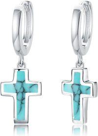 wholesale 925 Sterling Silver Turquoise Cross Huggie Hoop Earrings for Women - Hypoallergenic  Set-Dangle Cross