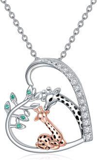wholesale 925 Sterling Silver Giraffe Heart-Shaped Pendant Necklace with Cubic Zirconia and Green Stones - Gifts for Women & Girls-Giraffe Necklace