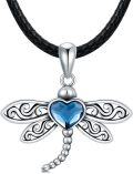 wholesale 925 Sterling Silver Dragonfly Blue Heart Crystal Pendant Black Braided Leather Cord Choker Necklaces for Women s-0-0