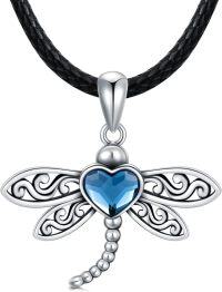wholesale 925 Sterling Silver Dragonfly Blue Heart Crystal Pendant Black Braided Leather Cord Choker Necklaces for Women s-D-Dragonfly
