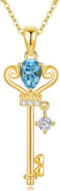 wholesale 925 Sterling Silver Gold-Plated Teardrop Blue Topaz & Round White Cubic Zirconia Key Pendant Necklace-Blue Key