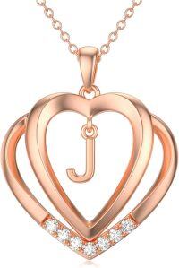 wholesale Sterling Silver Moissanite Heart Initial Pendant Necklace for Her-Rose Gold - J Initial