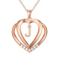 wholesale 925 Sterling Silver Moissanite Heart Initial Pendant Necklace for Her-Rose Gold - J Initial