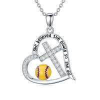 wholesale 925 Sterling Silver Softball Heart Cross Pendant Necklace for Women-Softball