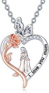 wholesale 925 Sterling Silver Rose Flower Heart Pendant I Love You Mom Necklace, Adjustable 18+2 Inch Chain, Mother's Day Gift-I Love You Mom Necklace