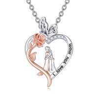 wholesale 925 Sterling Silver Rose Flower Heart Pendant I Love You Mom Necklace, Adjustable 18+2 Inch Chain, Mother's Day Gift-I Love You Mom Necklace