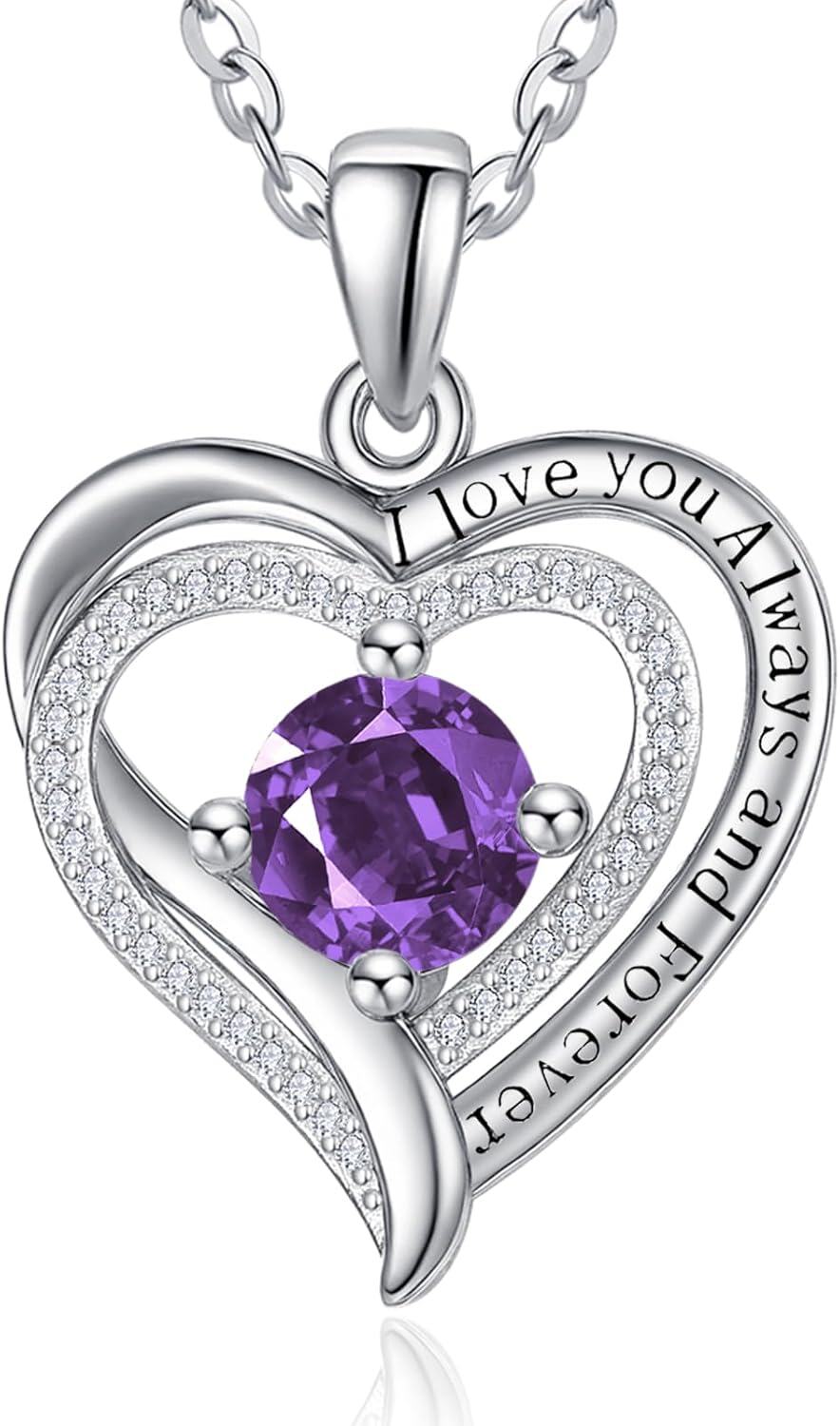 Sterling Silver White Gold Heart Pendant Necklace w Birthstone for Women-02-Feb