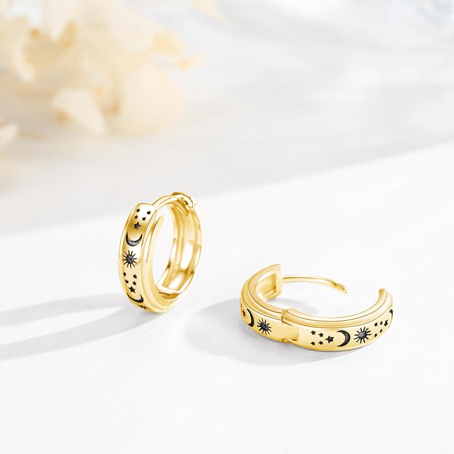 wholesale Gold 925 Sterling Silver Sun & Moon Huggie Hoop Earrings with Stars - 925 Jewelry for Women and Men-0-5