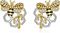 wholesale 925 Sterling Silver Honeycomb & Bee Stud Earrings - Gold Plated with Cubic Zirconia Accents-Bee