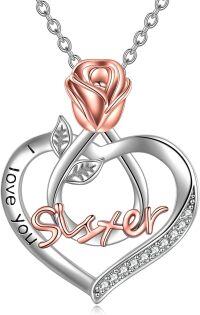 wholesale 925 Sterling Silver Rose Heart Pendant Necklace for Women - I Love You Sister -I Love You Sister with Rose Flower