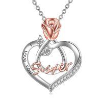 wholesale 925 Sterling Silver Rose Heart Pendant Necklace for Women - I Love You Sister -I Love You Sister with Rose Flower